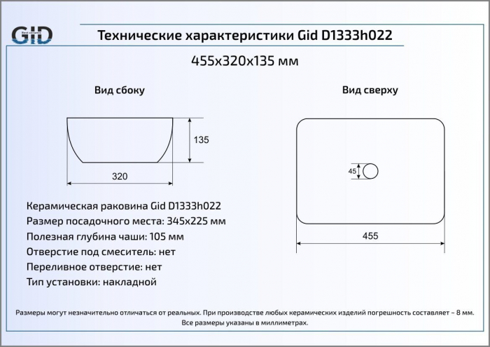 Раковина накладная GID D1333h022 46х32 53320 Черный / Золото. Фото