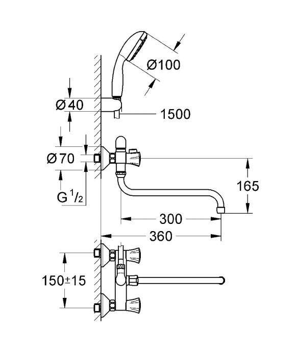 GROHE 2679010A Costa L Универсальный смеситель для ванны с душевым гарнитуром. Фото