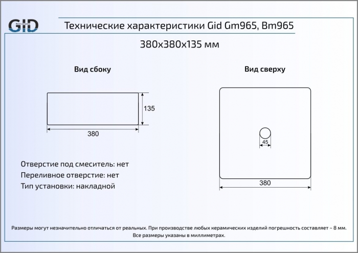 Раковина накладная GID Gm965 38х38 53338 Серый Матовый. Фото